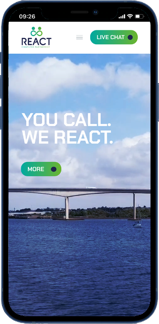 Mobile phone showing React CP website